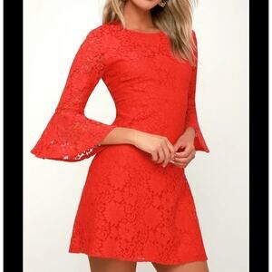 Favorite Flair Red Lace Flounce Sleeve Dress short bell sleeve zip back SZ LG*